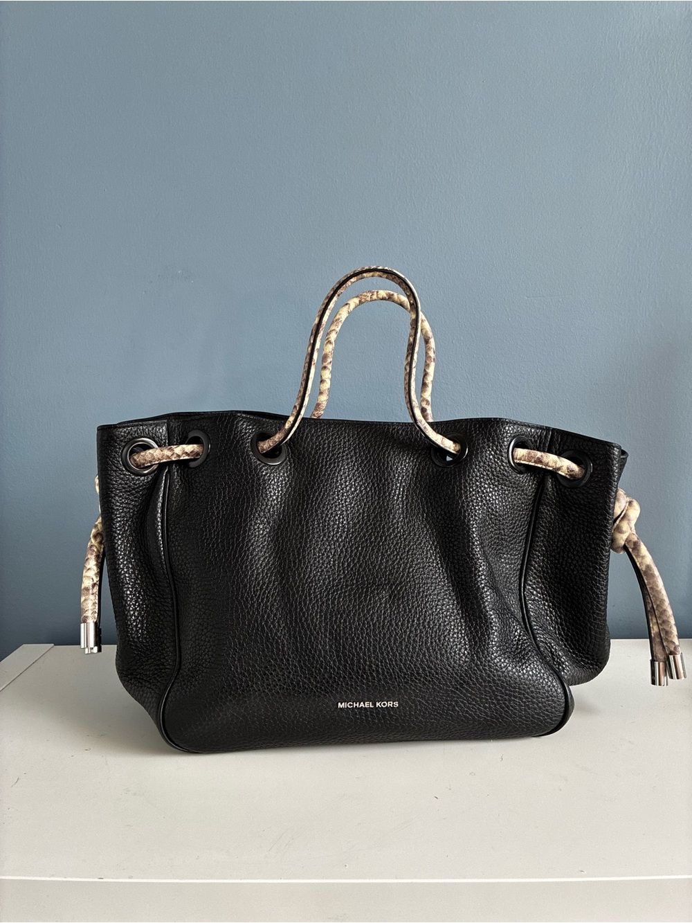 Michael Kors Black Pebbled Leather Tote with Snake-Print Rope Handles